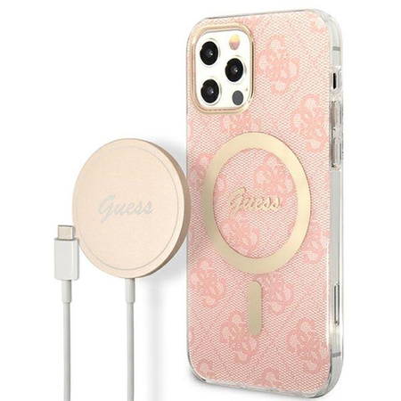 Guess Bundle Pack MagSafe 4G - MagSafe iPhone 12 / iPhone 12 Pro case + charger set (pink/gold)