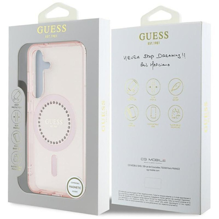 Guess Rhinestones imprimé Logo classique MagSafe - étui pour Samsung Galaxy S25 (rose)