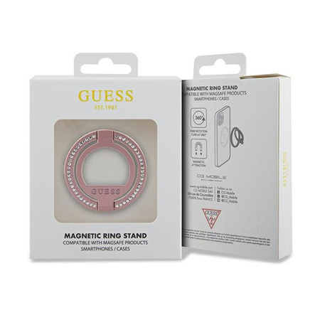 Guess MagSafe Ring Stand Rhinestone - Support magnétique pour téléphone avec fonction stand (rose)