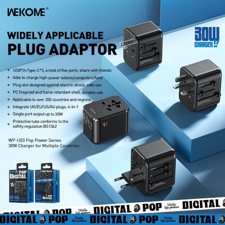 WEKOME WP-U03 Pop Digital Series - EU / UK / US / AU utazási töltő / adapter + 3x USB-C & 2x USB-A 30W (fekete)