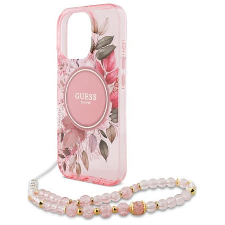 Guess IML Flowers With Pearl Strap MagSafe Case - iPhone 16 Pro Max (rose)