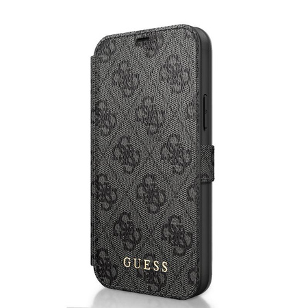 Guess Booktype 4G Charms Collection - pouzdro na iPhone 12 / iPhone 12 Pro s přihrádkami na karty (šedé)