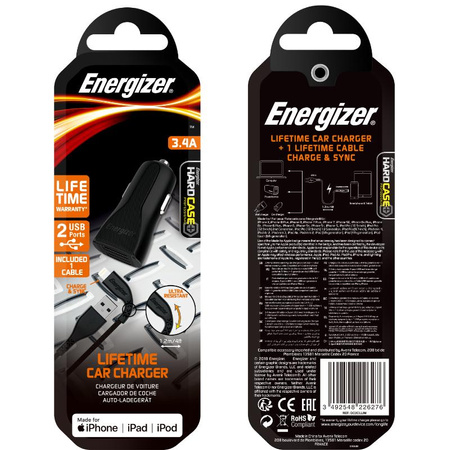 Energizer HardCase - Nabíječka do auta 2x USB-A 17W 3,4A + kabel Lightning s certifikací MFi (černá)