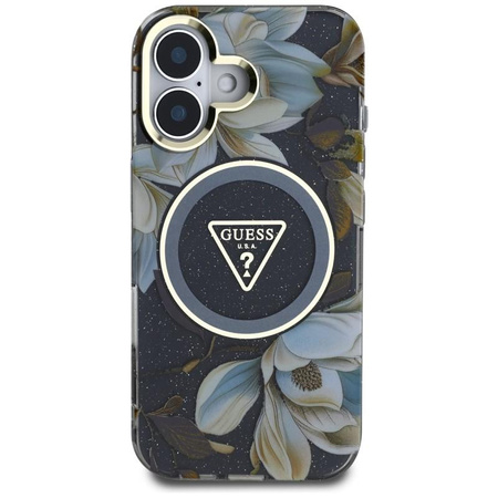 Guess Glitter Flowers Triangle Buttons MagSafe - étui pour iPhone 16 (noir)