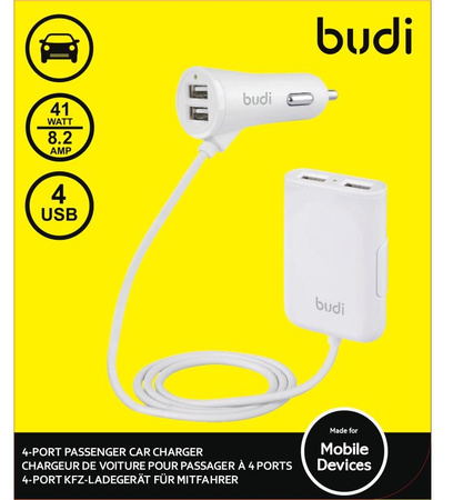 Budi - Nabíječka do auta 4x USB, 41W + rozdvojka na kabelu 1,8 m (bílá)