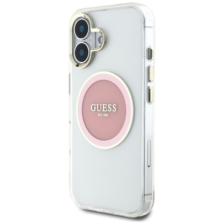 Guess IML fémszínű kör alakú klasszikus logós MagSafe - tok iPhone 16 készülékhez (rózsaszín)
