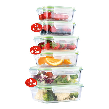 Alpina - Set of 6 glass food containers with lid lunchbox 370 ml / 640 ml / 1050 ml