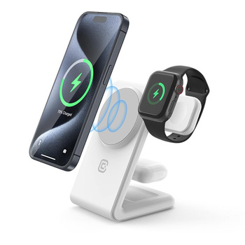 Crong MagSpot Pivot Stand - bezdrátová nabíječka 3 v 1 s MagSafe pro iPhone, Apple Watch a AirPods (bílá)