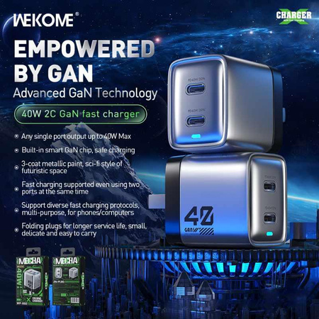 WEKOME WP-U02 Mecha Serie - Ladegerät 2x USB-C Superschnellladegerät GaN 40W (Silber)