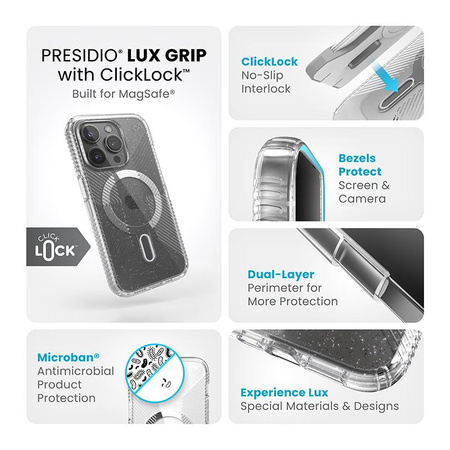 Speck Presidio Lux Grip ClickLock & Magsafe - Coque pour iPhone 15 Pro (Transparent / Finition chromée / Argent Serein)