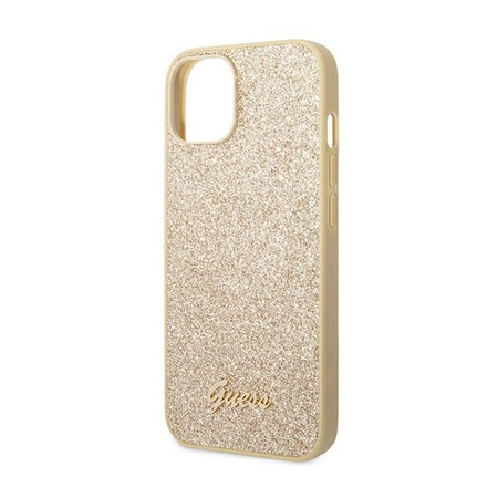 Guess Glitter Flakes Metal Logo Case - pouzdro pro iPhone 14 Plus (zlaté)