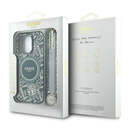 Guess IML Flowers Allover Electro With Pearl Strap MagSafe - Hülle iPhone 16 Pro (Grün)