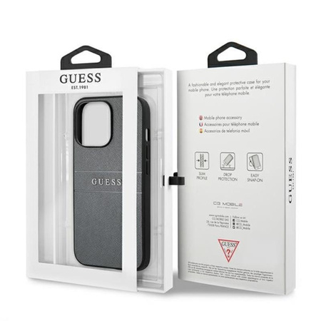Guess Saffiano Metal Logo Stripes - Coque iPhone 13 Pro Max (gris)