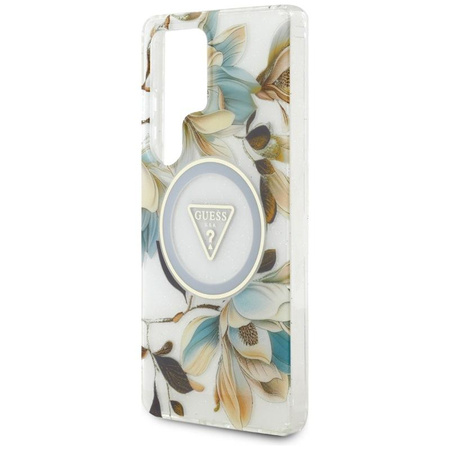 Guess Glitter Flowers Triangle Buttons MagSafe - étui pour Samsung Galaxy S25 Ultra (blanc)