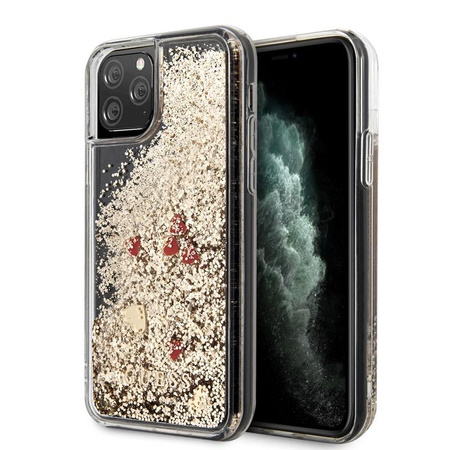 Guess Liquid Glitter Hearts - iPhone 11 Pro Max Tasche (Gold/Rot)