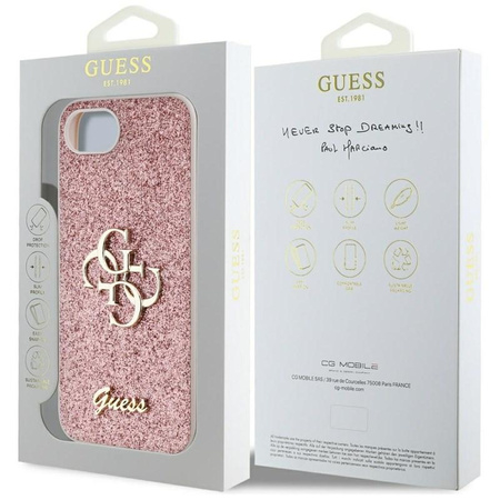 Guess Fixed Glitter Big 4G - pouzdro pro iPhone 16e (růžové)