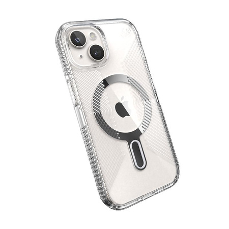 Speck Presidio Perfect-Clear Grip ClickLock & MagSafe - Coque iPhone 16e / iPhone 15 / iPhone 14 / iPhone 13 (Clair / Finition Chrome / Argent Serein)