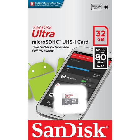 Carte mémoire SanDisk Ultra microSDHC - 32 Go Class 10 UHS-I 100MB/s avec adaptateur
