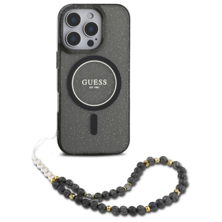 Guess IML Glitter With Pearl Strap MagSafe - Case for iPhone 16 Pro Max (Black)