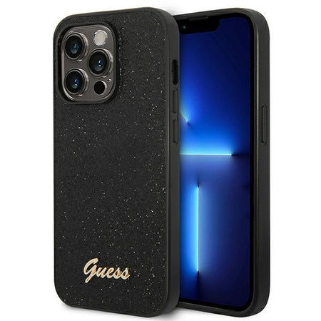 Guess Glitter Flakes Metall Logo Tasche - iPhone 14 Pro Max Tasche (schwarz)