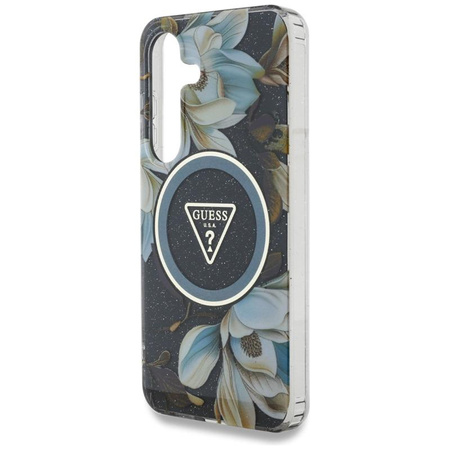 Guess Glitter Flowers Triangle Buttons MagSafe - étui pour Samsung Galaxy S25 (noir)