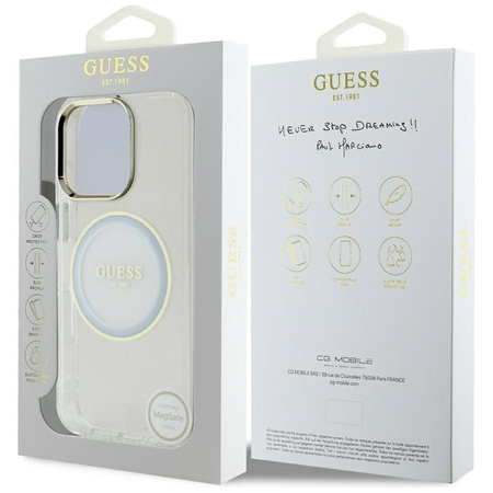 Guess IML Metallfarbener Kreis Klassisches Logo MagSafe - Gehäuse für iPhone 16 Pro Max (weiß)