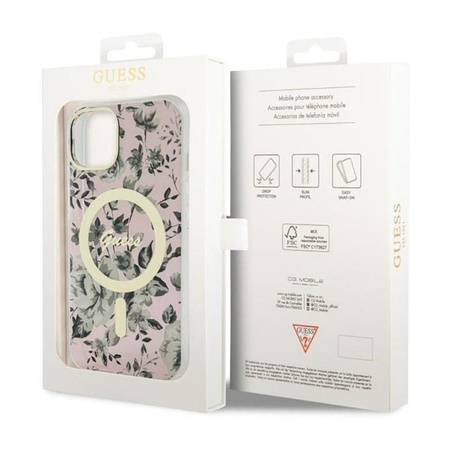 Guess Flower MagSafe - pouzdro pro iPhone 14 (růžové)