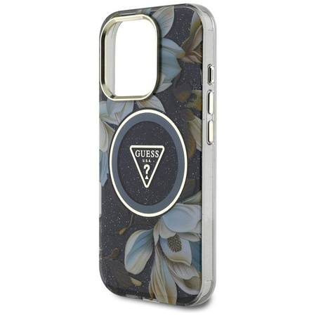Guess Glitter Flowers Triangle Buttons MagSafe - pouzdro pro iPhone 16 Pro Max (černé)