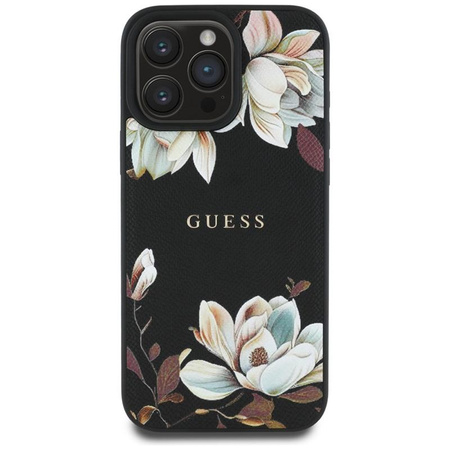 Guess Genarbtes Blumenmuster MagSafe - Hülle für iPhone 16 Pro Max (schwarz)