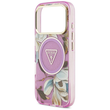 Guess IML Glitter Flowers Triangle MagSafe - Hülle iPhone 17 Pro (lila)