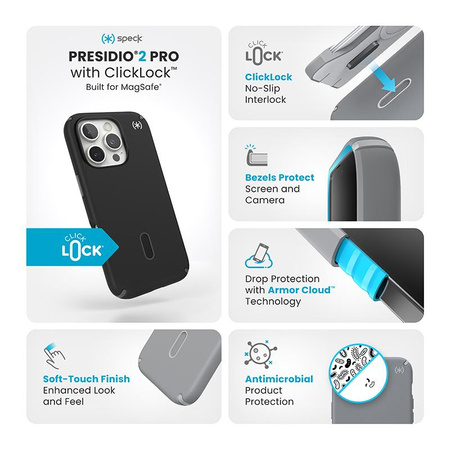 Speck Presidio2 Pro ClickLock e MagSafe - Custodia per iPhone 16 Pro (Nero / Grigio Ardesia / Bianco)