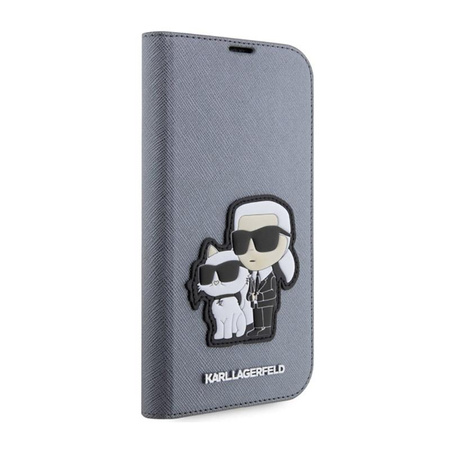 Karl Lagerfeld Booktype NFT Saffiano Karl & Choupette - pouzdro pro iPhone 14 Pro Max (stříbrné)