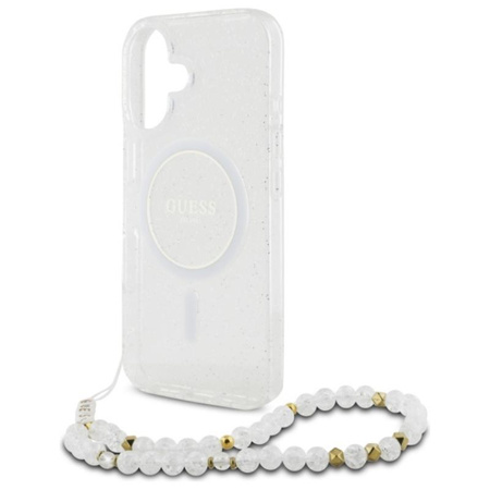 Guess IML Glitter With Pearl Strap MagSafe - pouzdro pro iPhone 16 Plus (průhledné)
