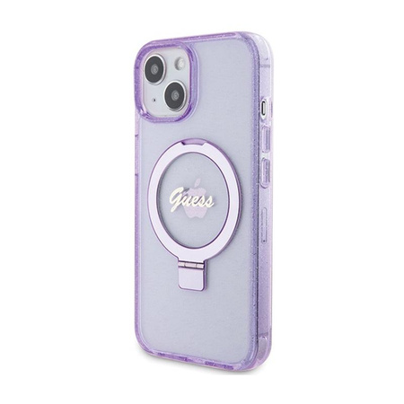 Guess Ring Stand Script Glitter MagSafe - iPhone 15 Plus tok (lila)
