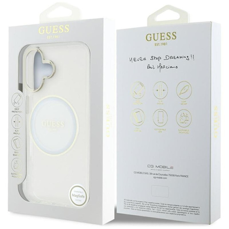 Guess IML Metal Colored Circle Classic Logo MagSafe - Pouzdro pro iPhone 16 (bílá)
