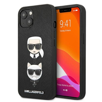 Karl Lagerfeld Saffiano Karl & Choupette dombornyomott fejek - iPhone 13 tok (fekete)