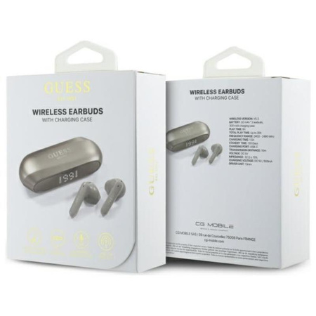 Podlouhlé kovové logo Guess - sluchátka Bluetooth TWS + nabíjecí pouzdro (zlaté)