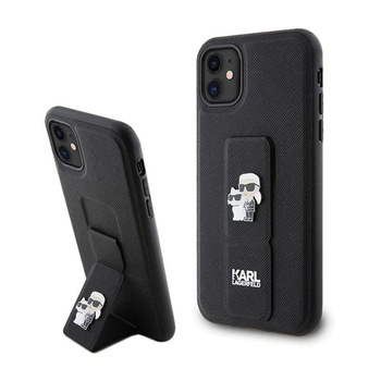 Karl Lagerfeld Gripstand Saffiano Karl & Choupette Pins - iPhone 11 Tasche (schwarz)
