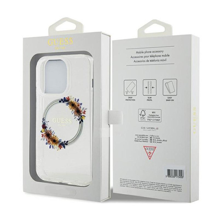 Guess IML Flowers Wreath MagSafe - pouzdro pro iPhone 15 Pro Max (průhledné)
