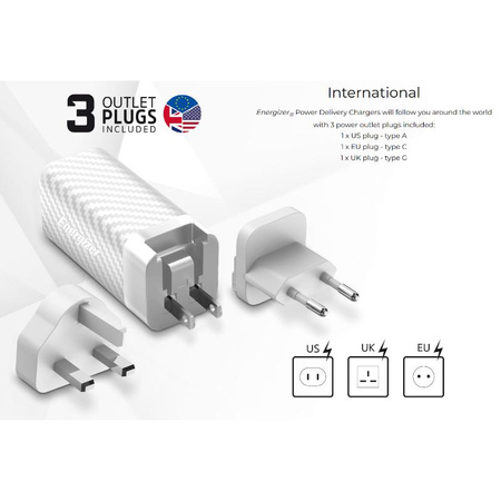 Energizer Ultimate - Multiplug EU / UK / US GaN USB-C & USB-A 65W PD Reiseladegerät + USB-C Kabel (Schwarz)