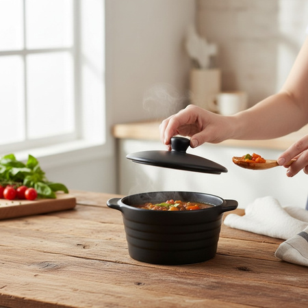 Alpina - Keramická zapékací mísa s poklicí, kulatá, 13x10 cm, 210 ml (černá)