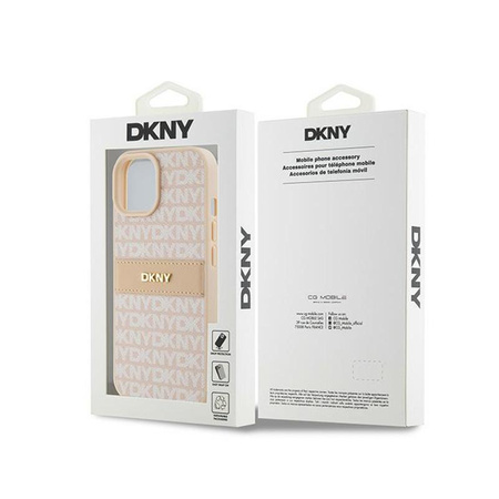 DKNY Bőr mono csíkos és fém logóval - iPhone 15 / 14 / 13 tok (rózsaszín)