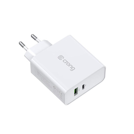 Crong kétportos utazási töltő - USB-A + USB-C Power Delivery 45W hálózati töltő (fehér)