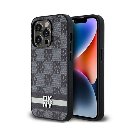 DKNY bőr kockás egyszínű mintás és nyomtatott csíkos - iPhone 14 Pro tok (fekete)