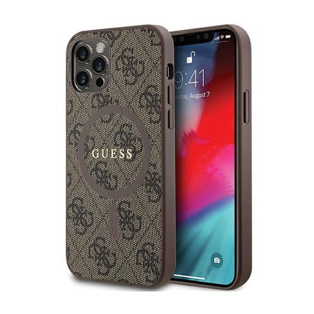 Kožené pouzdro Guess 4G Collection Metal Logo MagSafe - iPhone 12 / iPhone 12 Pro (hnědé)