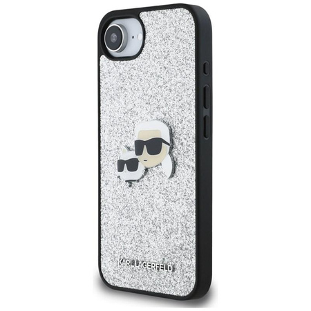 Karl Lagerfeld Fixed Glitter Karl & Choupette Heads Metal Pin - pouzdro pro iPhone 16e (stříbrné)