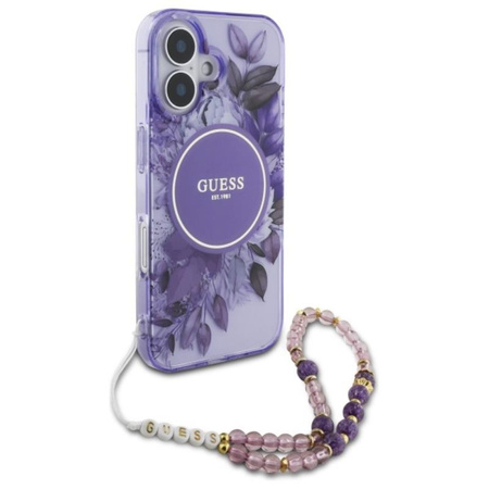 Guess IML Flowers With Pearl Strap MagSafe - pouzdro pro iPhone 16 Plus (fialové)