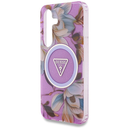 Guess Glitter Flowers Triangle Buttons MagSafe - Etui do Samsung Galaxy S25 (fioletowy)