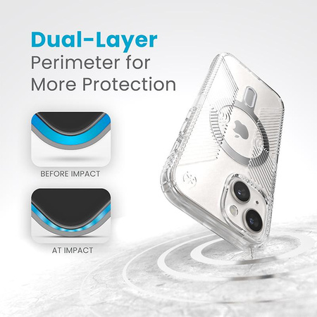 Speck Presidio Perfect-Clear Grip ClickLock e MagSafe - Custodia per iPhone 16e / iPhone 15 / iPhone 14 / iPhone 13 (Trasparente / Finitura cromata / Argento Se