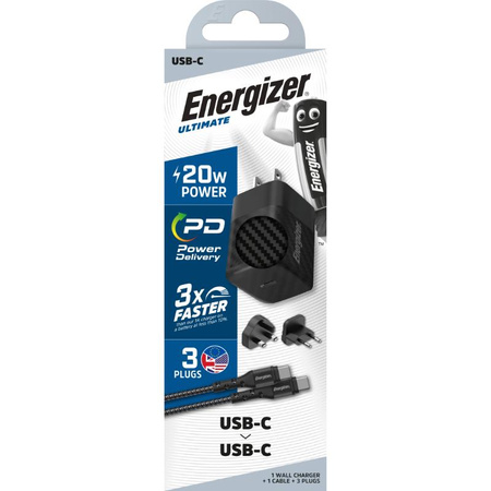 Energizer Ultimate - Multiplug EU / UK / US GaN 20W PD mains charger + USB-C cable (Black)